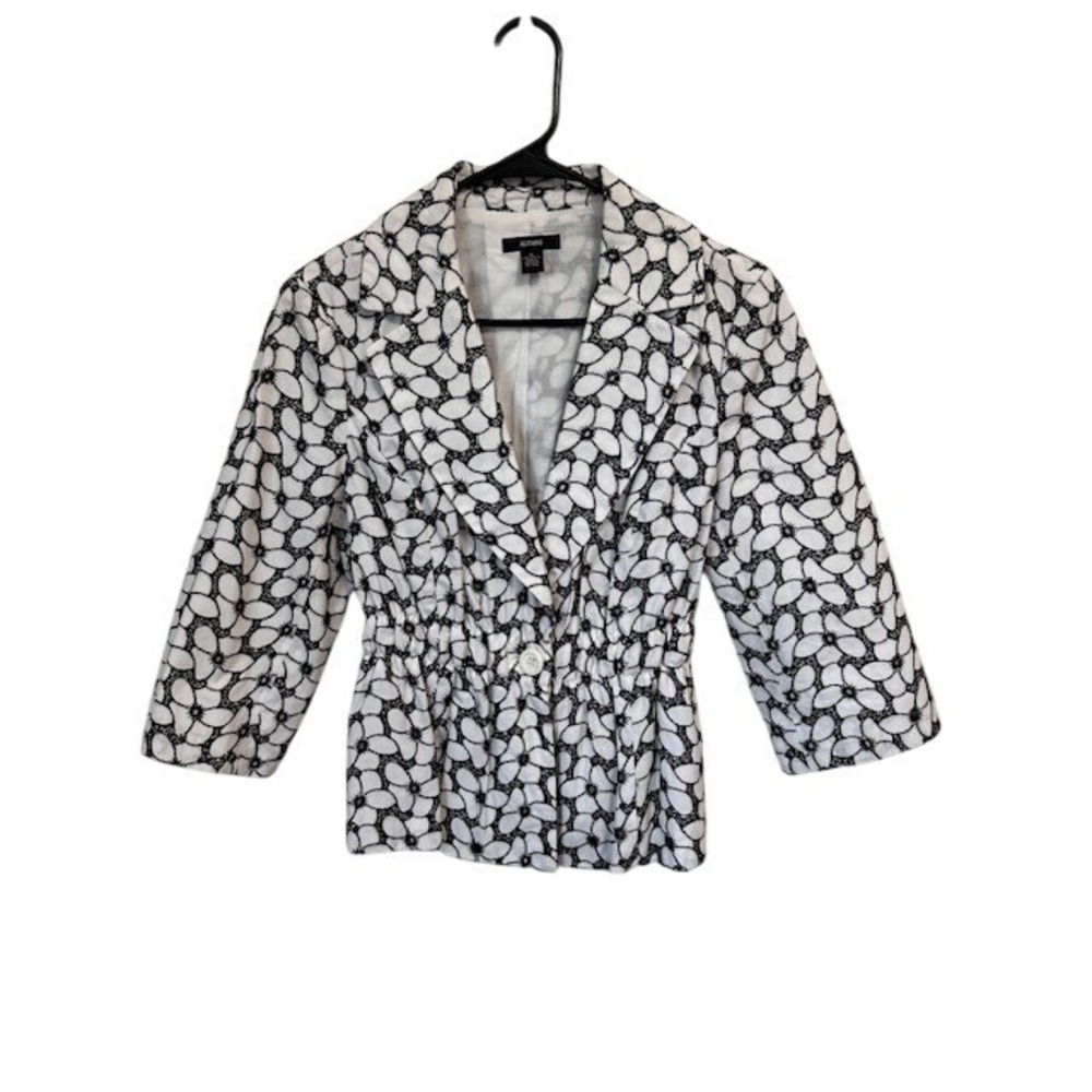 Alfani‎ Womens Floral Eyelet Blazer Black White Cinched Waist Tie Back Jacket 8